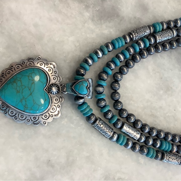 Natural stone heart accented triple layered statement necklace with earring set - Picture 3 of 4